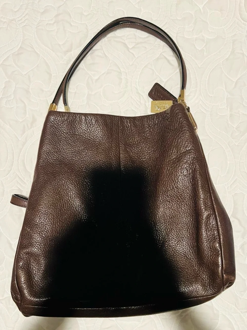 Coach Dark Brown Pebble Leather Drawstring Shoulder Bag with Gold Hardware